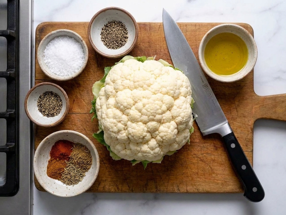A whole head of cauliflower on a cutting board with a chef's knife and small bowls of salt, pepper, olive oil, and spices nearby