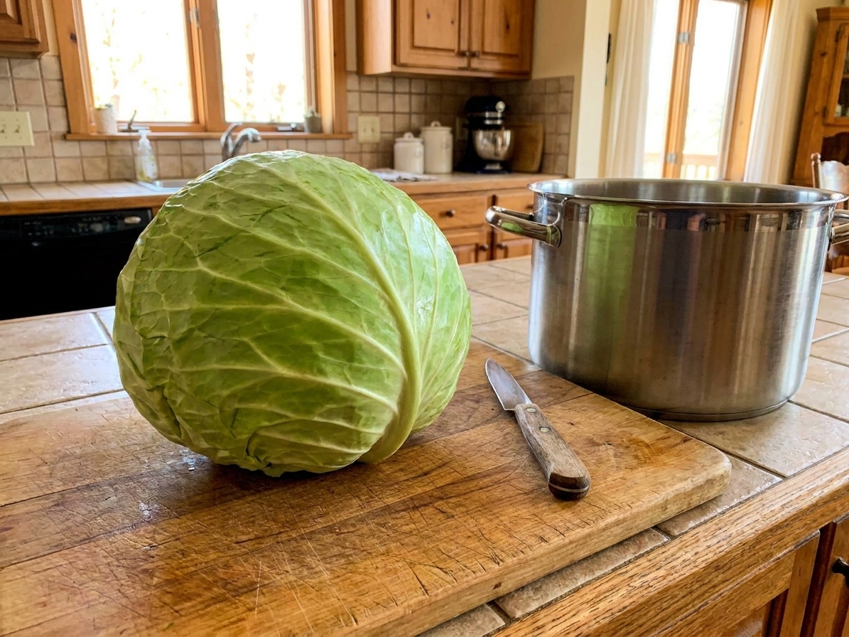A whole head of green cabbage on a wooden cutting board with a paring knife and a large pot nearby on a home kitchen counter
