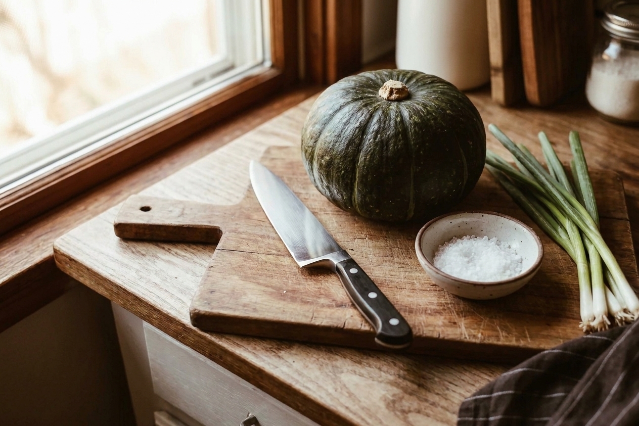 A whole kabocha squash on a wooden cutting board next to a chef's knife, a small bowl of salt, and a few scallions on a bright kitchen counter