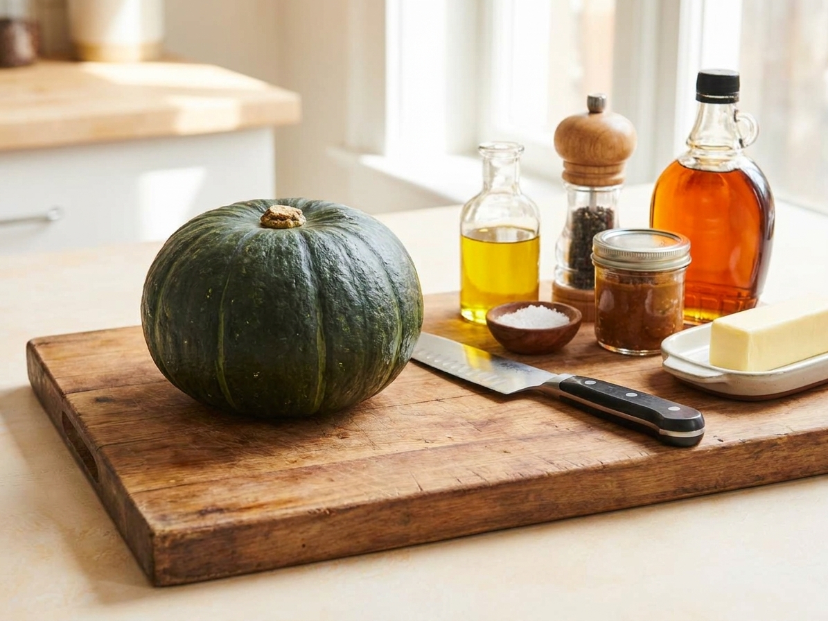 A whole kabocha squash sitting on a wooden cutting board next to a chef's knife, olive oil, salt, pepper, miso paste, maple syrup, and butter on a bright kitchen counter