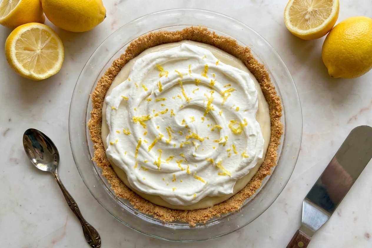 A whole lemon icebox pie topped with whipped cream and lemon zest in a pie dish
