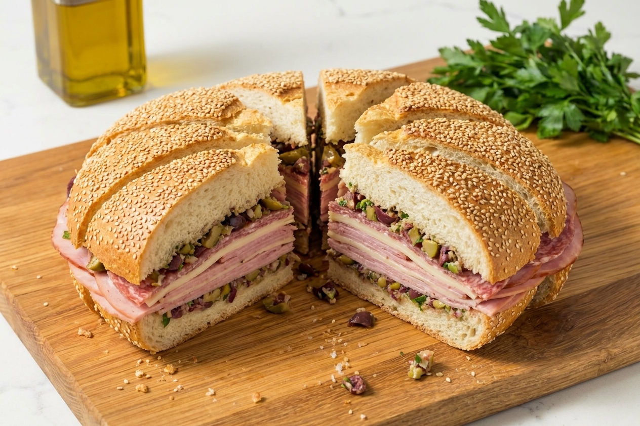 A whole muffaletta sandwich on a wooden cutting board, cut into wedges with visible layers of cured meats, provolone, and olive salad, on a bright kitchen counter