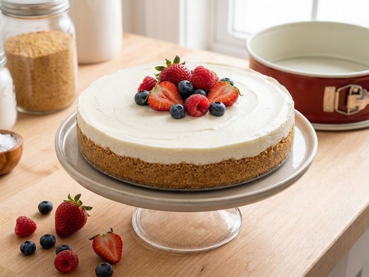 A whole no-bake cheesecake on a cake stand with a graham cracker crust and a few berries nearby on a light kitchen table