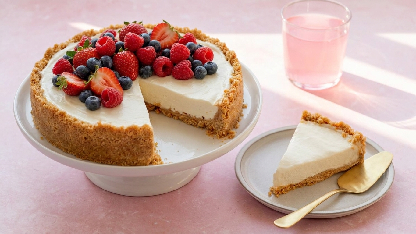 A whole no-bake cheesecake on a cake stand with clean slices cut, topped with fresh berries in a simple table setting
