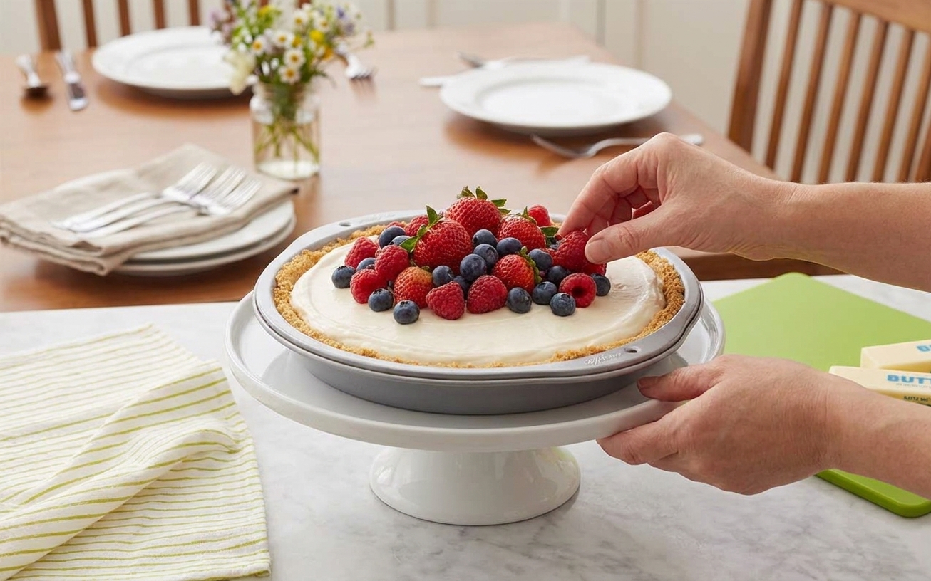 A whole no-bake cheesecake topped with fresh berries on a cake stand with a simple family table setting in the background