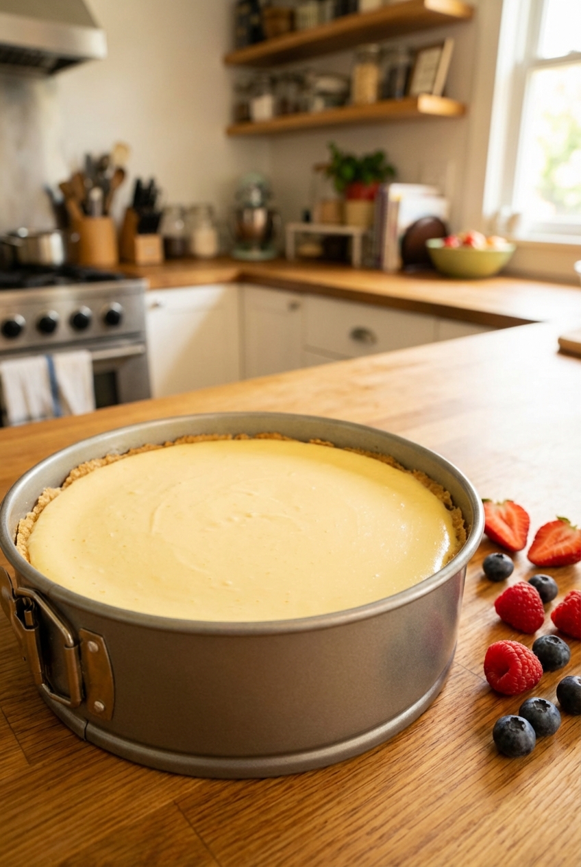 A whole no-bake lemon cheesecake in a springform pan with a smooth top and a few berries scattered nearby on the counter