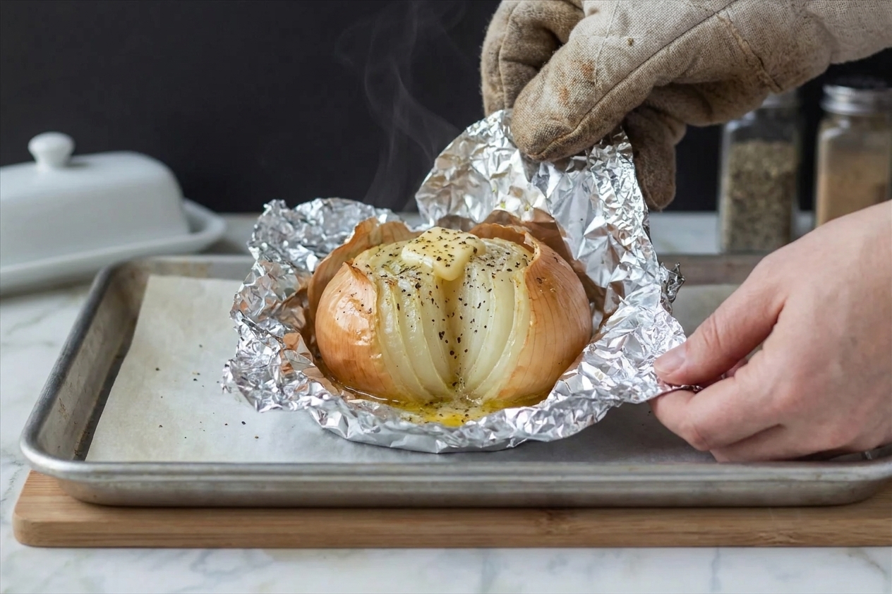 A whole onion baked in a foil packet, opened to reveal tender onion layers coated in melted butter and seasoning on a parchment-lined baking sheet