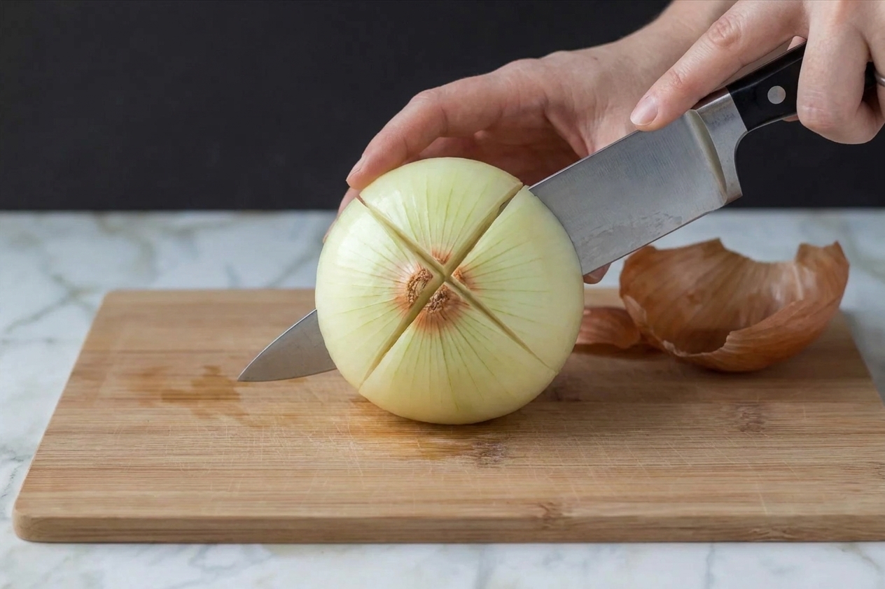 A whole onion with a deep cross cut into the top (stem end), leaving the bottom intact so the onion stays together