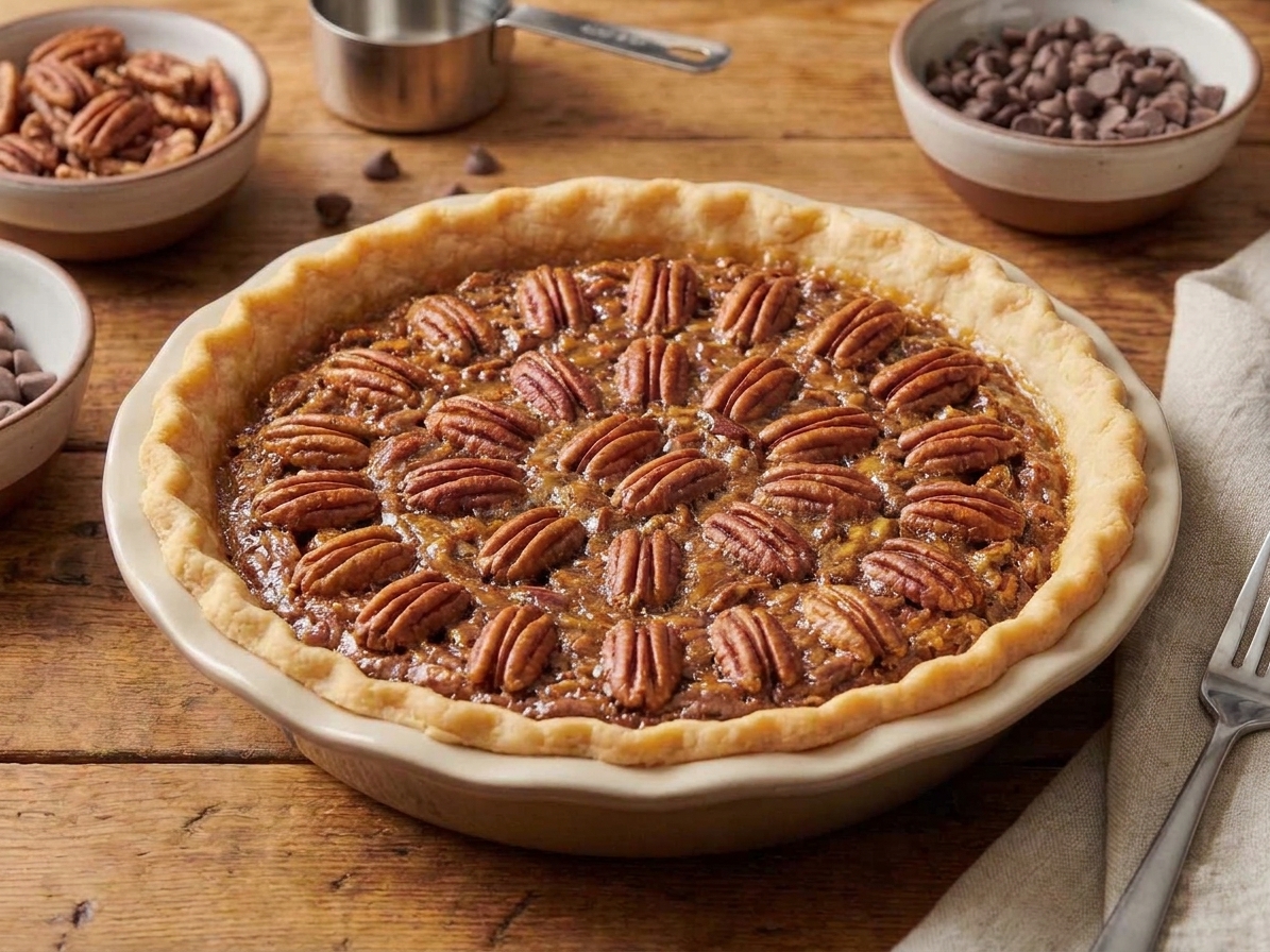 A whole pecan chocolate pie in a pie dish on a kitchen counter, with a shiny pecan-studded top and lightly browned crust