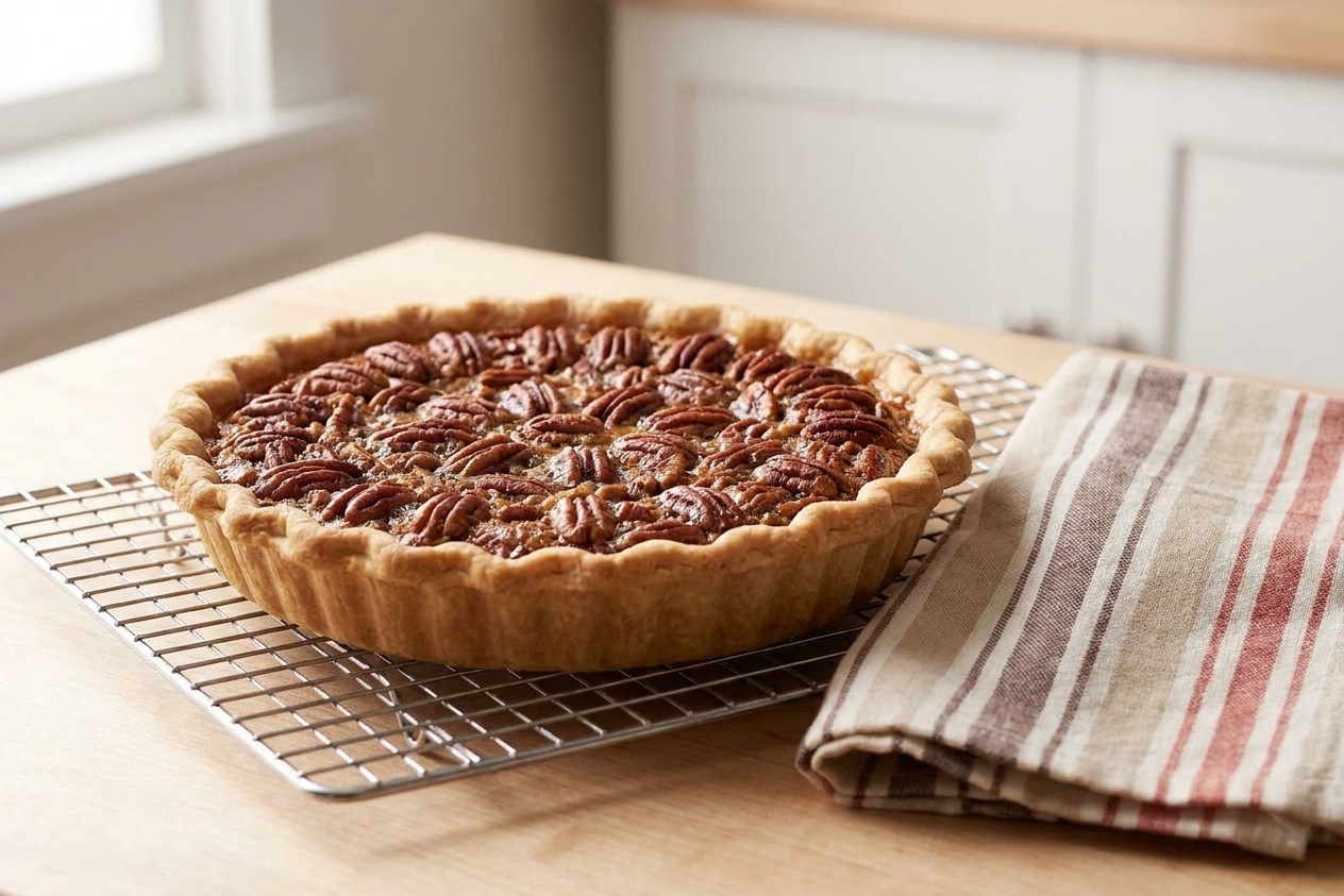 A whole pecan pie cooling on a wire rack with a kitchen towel nearby on a wooden counter