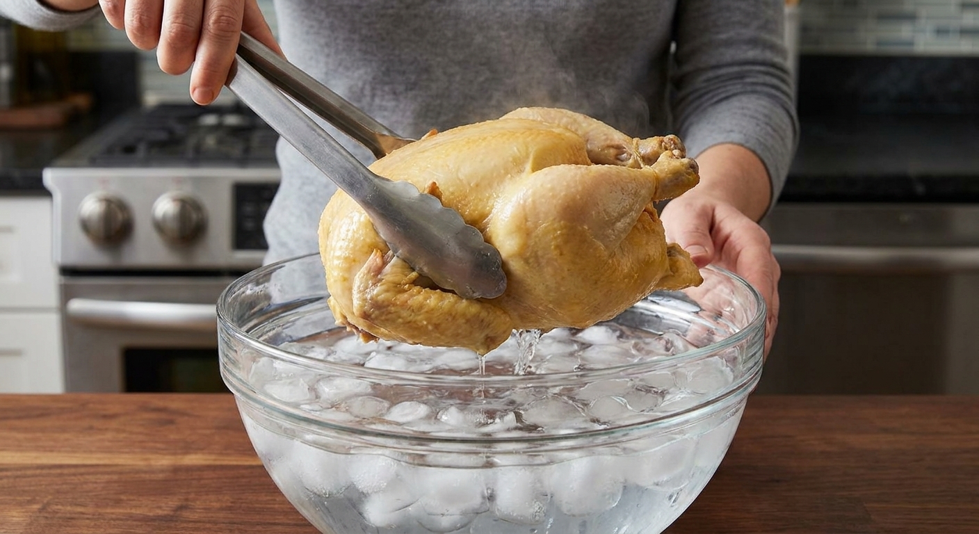 A whole poached chicken being lowered into a bowl of ice water on a kitchen counter with tongs