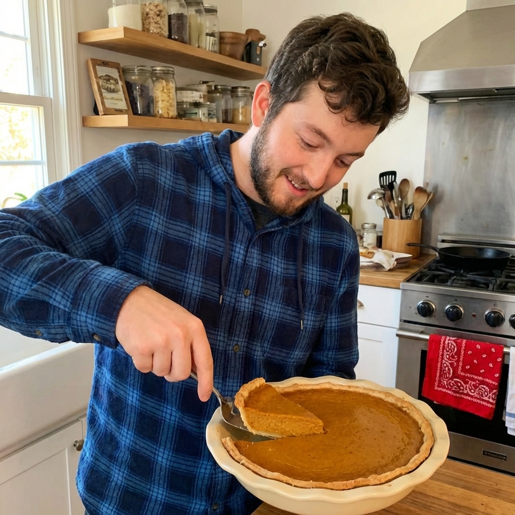 A whole pumpkin pie being sliced with a pie server while it sits in a ceramic pie dish