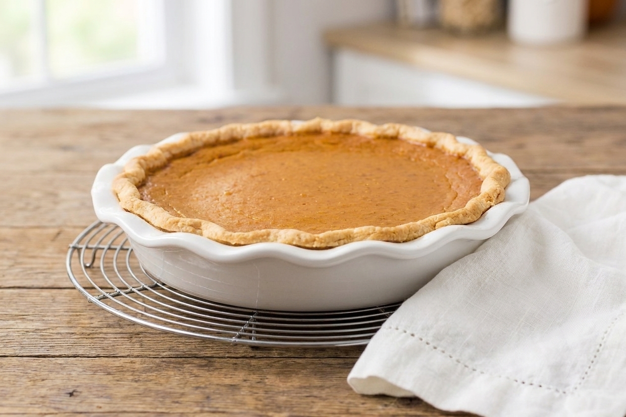 A whole pumpkin pie cooling on a wire rack on a kitchen counter with a clean towel nearby