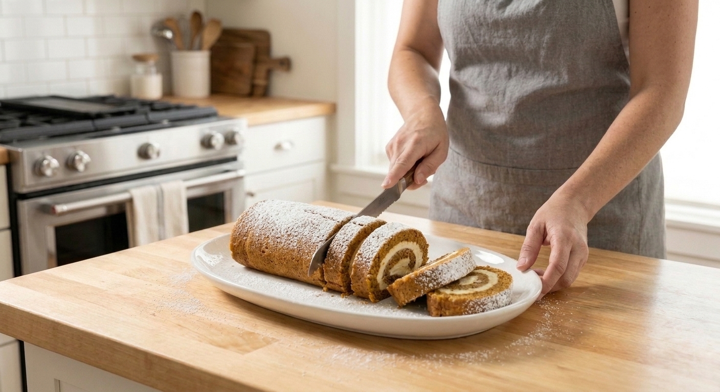 A whole pumpkin roll dusted with powdered sugar on a simple white serving platter with a few slices cut