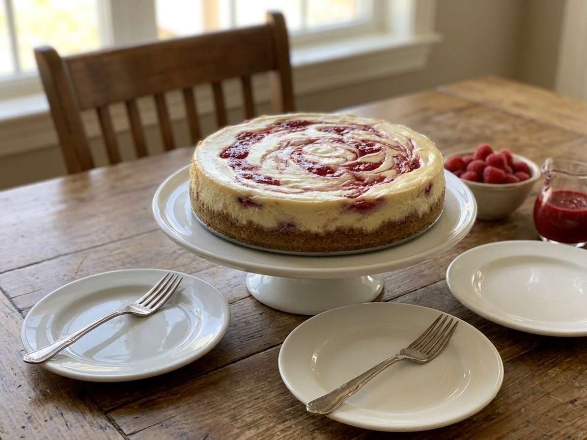 A whole raspberry swirl cheesecake on a cake stand on a dining table with plates and forks set nearby