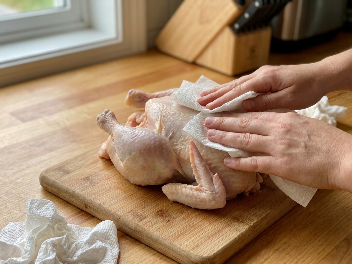 A whole raw chicken being patted dry with paper towels on a cutting board on a kitchen counter