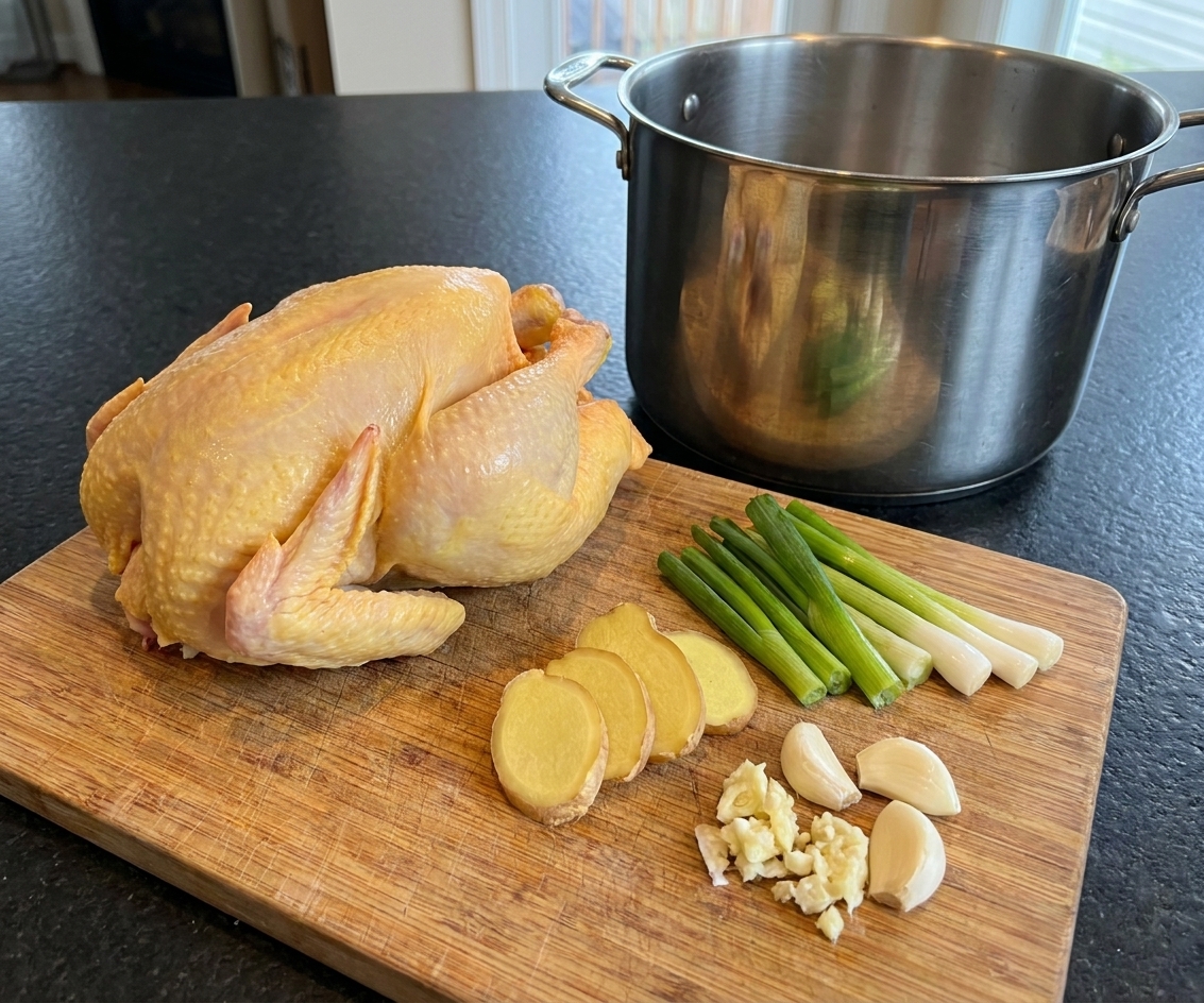 A whole raw chicken beside sliced ginger, scallions, and garlic on a wooden cutting board next to a large stockpot