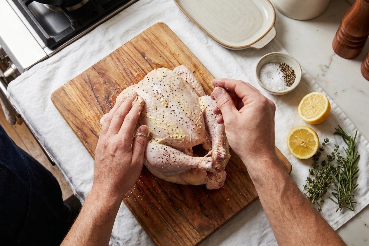 A whole raw chicken on a cutting board being rubbed with garlic butter and sprinkled with kosher salt and black pepper, with lemon halves and herbs nearby