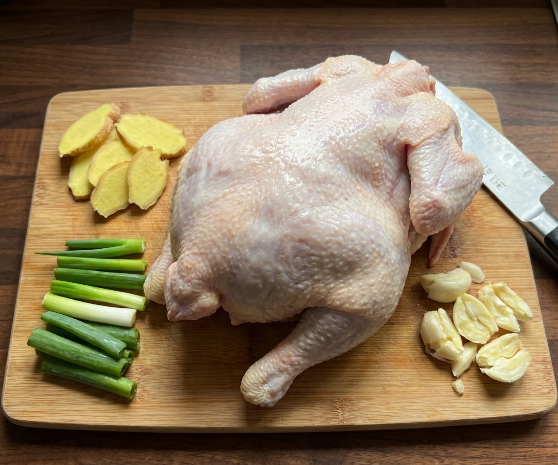 A whole raw chicken on a cutting board beside sliced ginger, scallion segments, and smashed garlic on a kitchen counter