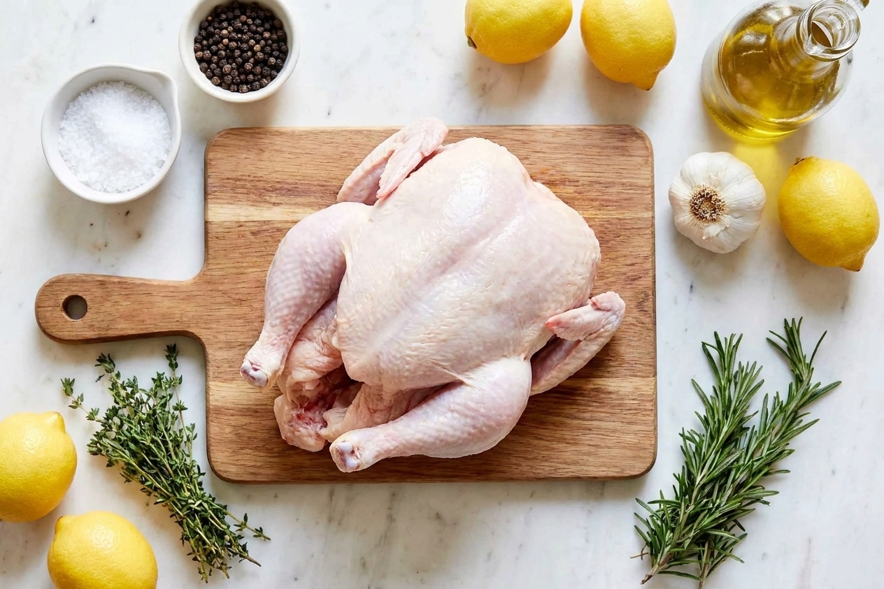 A whole raw chicken on a cutting board surrounded by salt, pepper, lemons, garlic, olive oil, and fresh herbs on a home kitchen counter