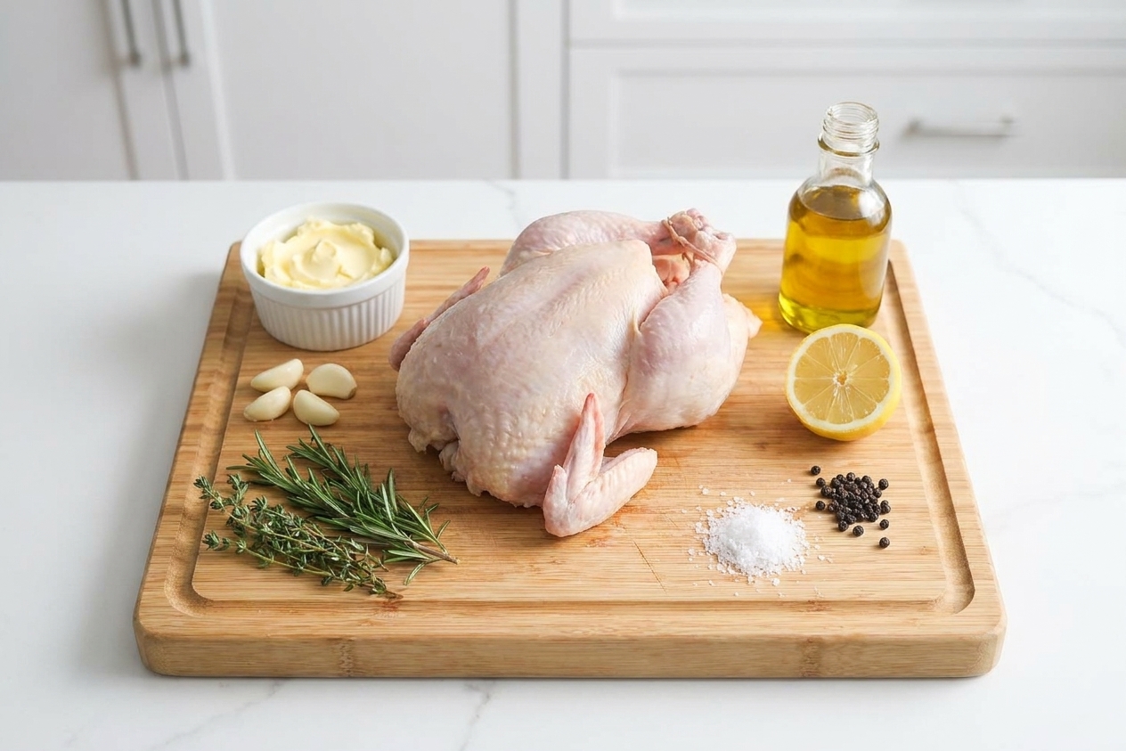 A whole raw chicken on a cutting board surrounded by a small bowl of softened butter, garlic cloves, lemon, rosemary, thyme, salt, pepper, and olive oil on a clean kitchen counter