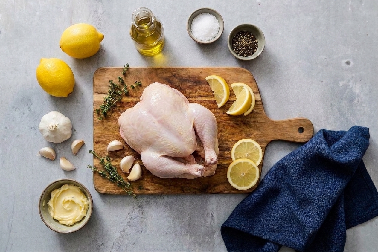 A whole raw chicken on a cutting board surrounded by kosher salt, black pepper, olive oil, lemons, garlic, thyme, and rosemary on a clean kitchen counter