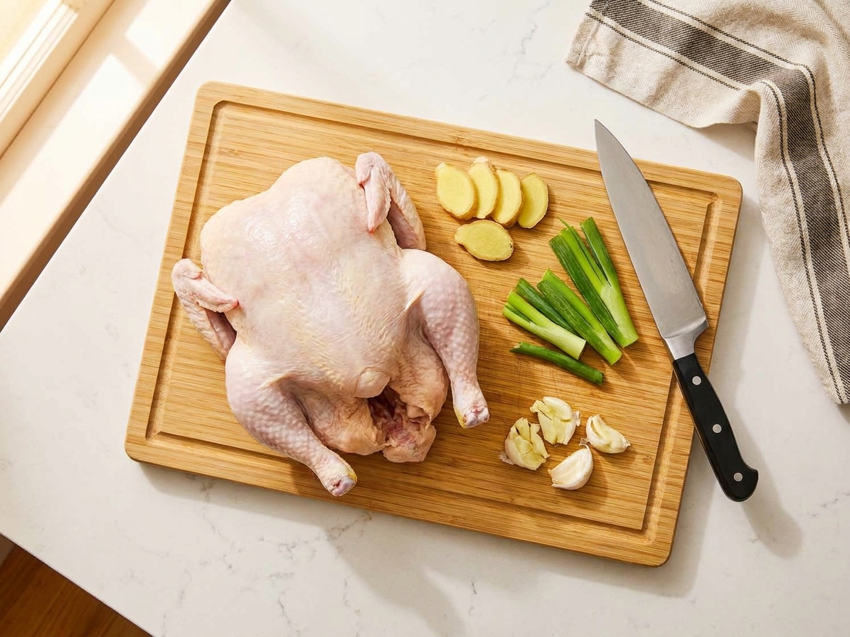 A whole raw chicken on a cutting board with sliced ginger, scallion segments, and smashed garlic nearby on a kitchen counter