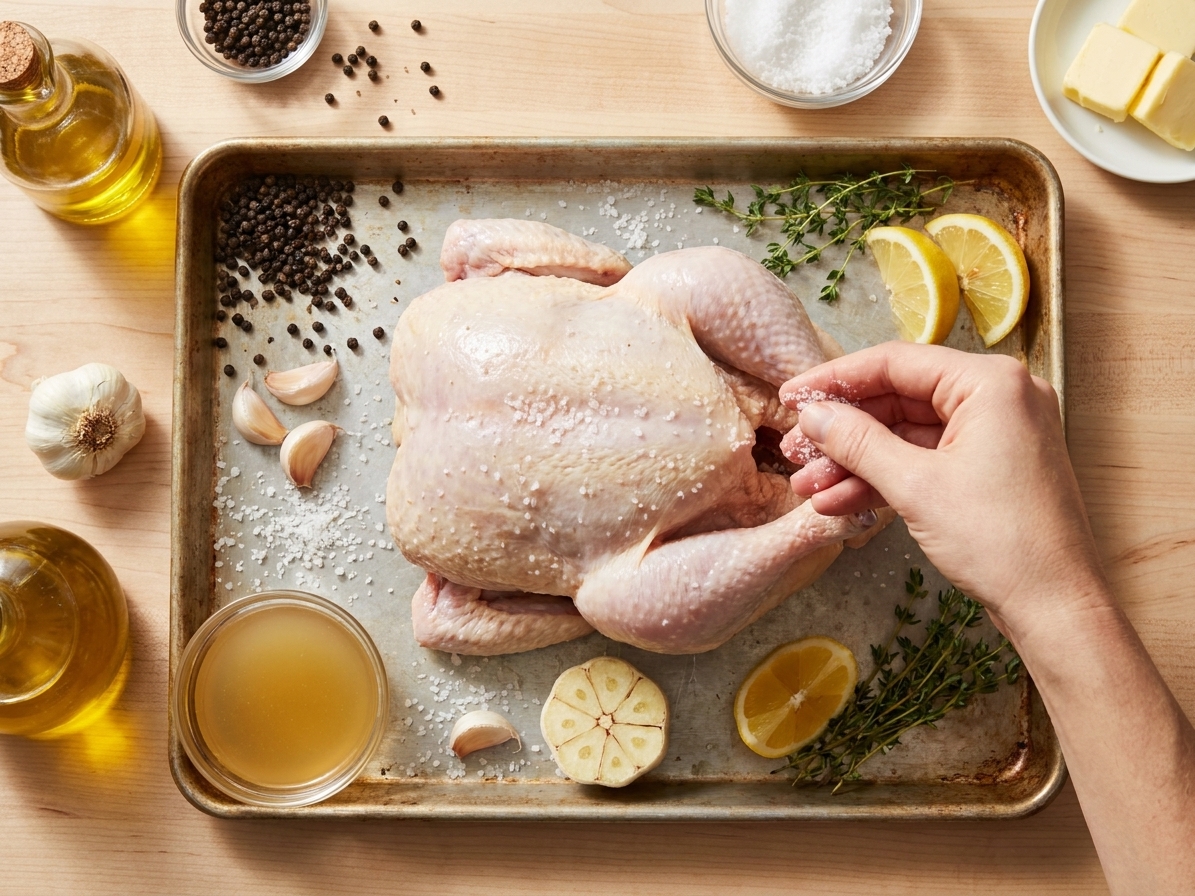 A whole raw chicken on a tray surrounded by kosher salt, black pepper, garlic, lemon, olive oil, butter, thyme, and a small bowl of chicken broth on a light kitchen counter