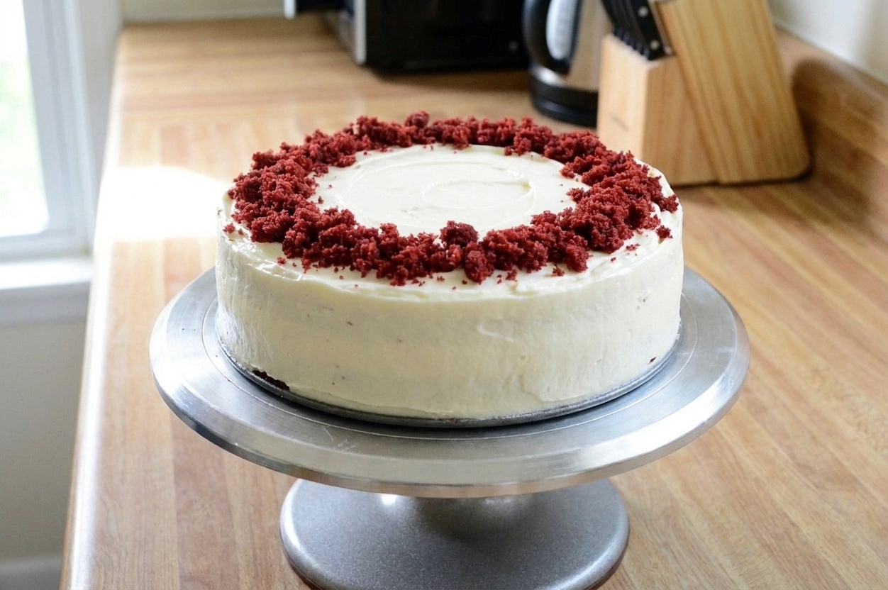A whole red velvet cheesecake on a cake stand in a home kitchen, frosted with cream cheese frosting and decorated with a ring of red velvet crumbs around the edge
