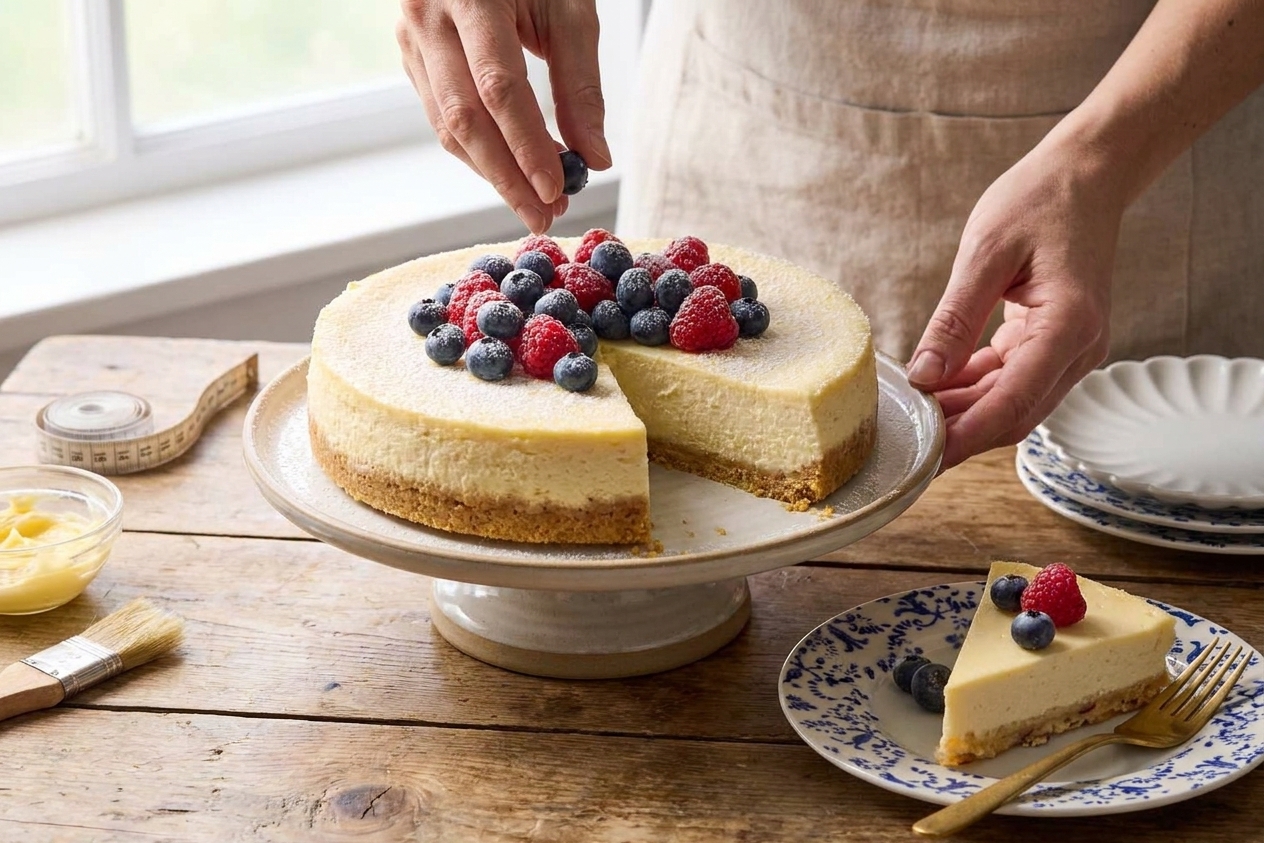 A whole ricotta cheesecake on a cake stand topped with fresh berries and a light dusting of powdered sugar on a wooden table with soft natural light