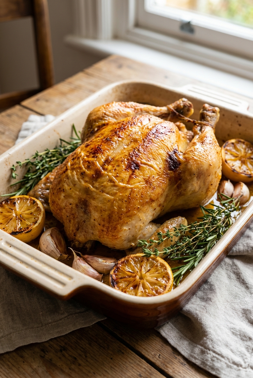 A whole roast chicken with browned skin in a roasting pan with herbs and lemon