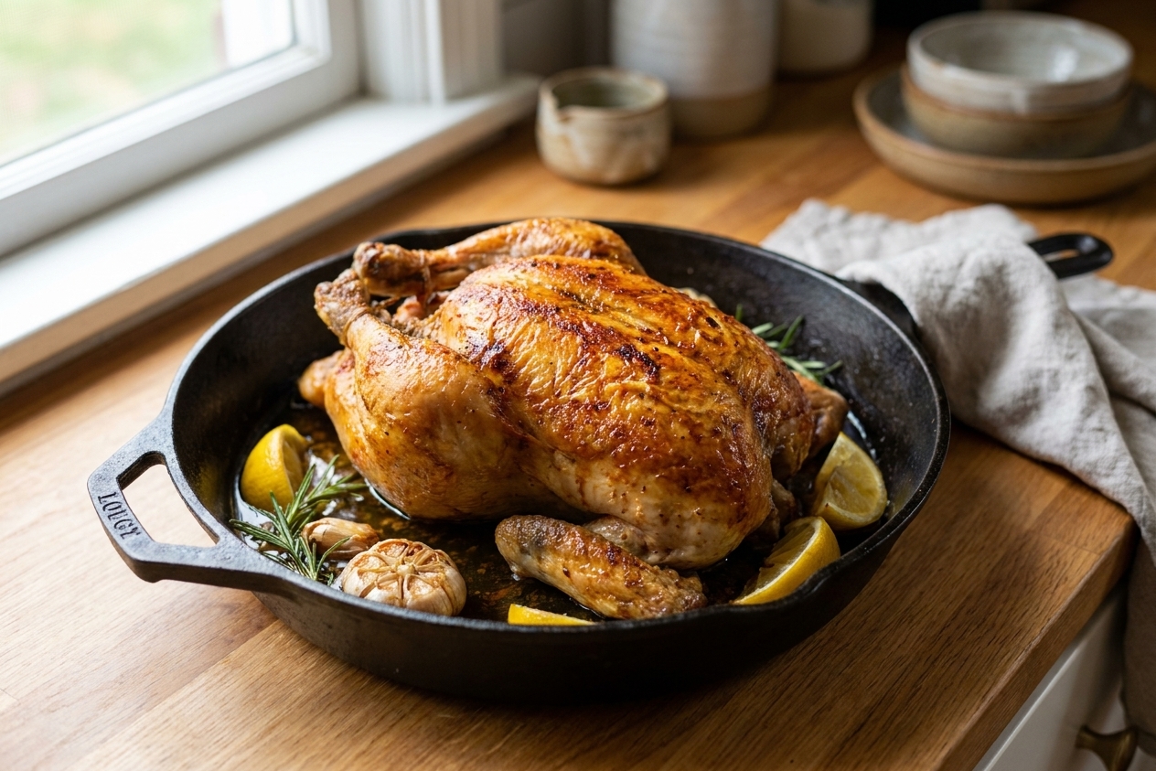 A whole roast chicken with deeply golden crisp skin resting in a cast iron skillet with lemon wedges and rosemary on a warm kitchen counter