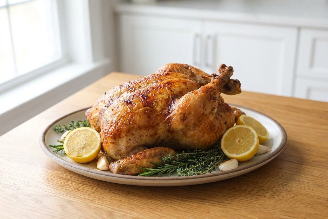 A whole roast chicken with deeply golden, crisp skin resting on a platter with lemon halves and herbs on a warm kitchen table, natural window light