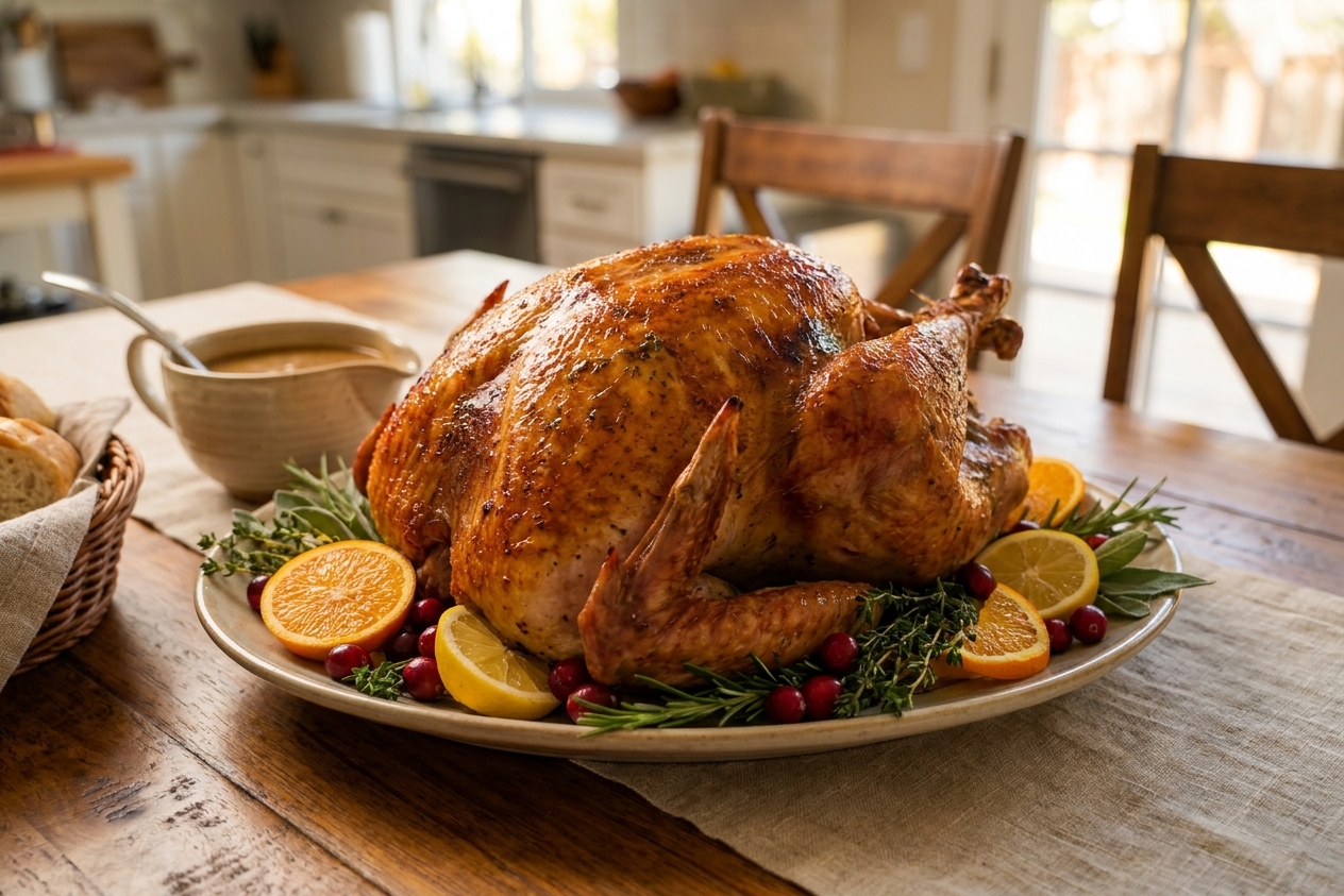 A whole roasted Thanksgiving turkey with deeply golden, crispy skin on a large platter with herbs and citrus on a rustic dining table, warm natural kitchen lighting