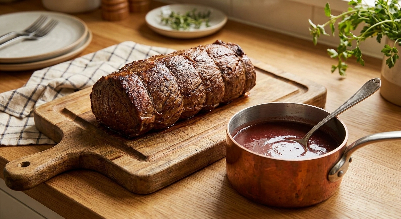 A whole roasted beef tenderloin on a carving board with a glossy red wine pan sauce in a small saucepan beside it, warm kitchen lighting, real food photography