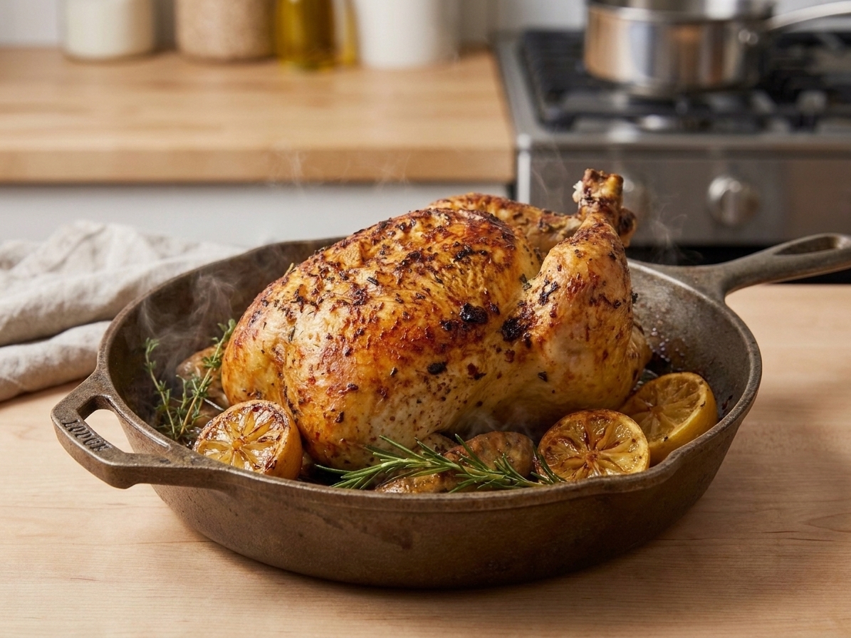 A whole roasted chicken with deeply golden, crisp skin resting in a cast iron skillet with lemon halves and herbs on a warm kitchen counter