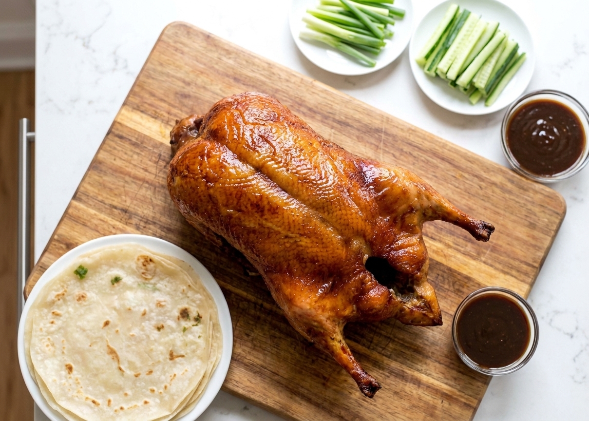 A whole roasted duck with deeply crisp, lacquered skin on a wooden cutting board, surrounded by Mandarin pancakes, sliced cucumber, scallions, and a small bowl of hoisin sauce on a warm kitchen table