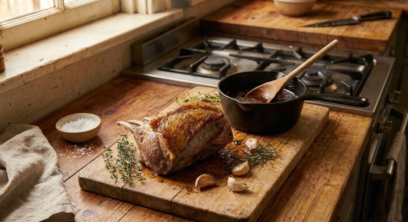 A whole roasted saddle of lamb on a cutting board with a browned garlic herb crust, resting near a small saucepan of pan sauce in a warm home kitchen
