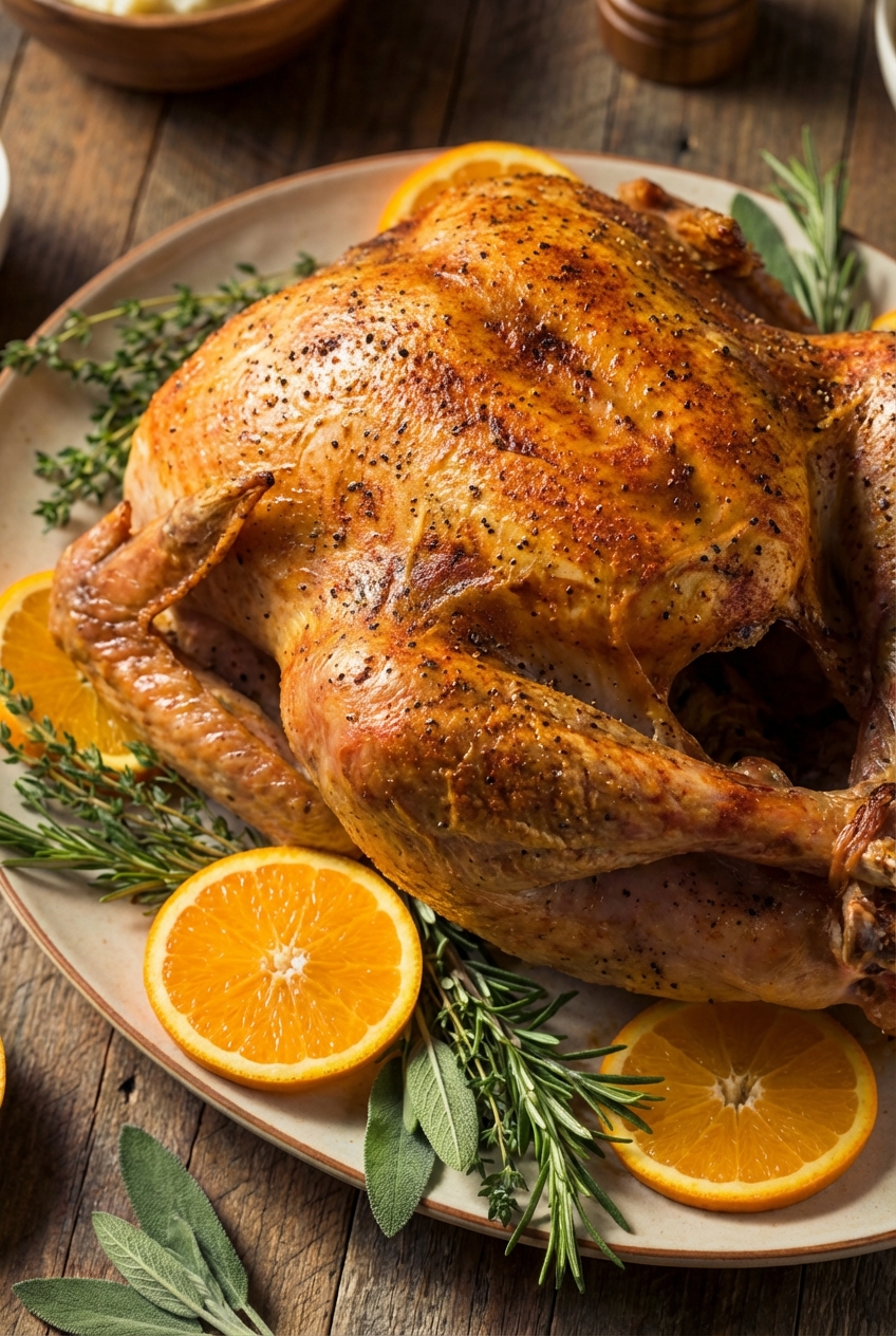 A whole roasted turkey on a platter with deeply golden, crisp skin and visible black pepper and paprika seasoning, surrounded by sliced oranges and fresh herbs