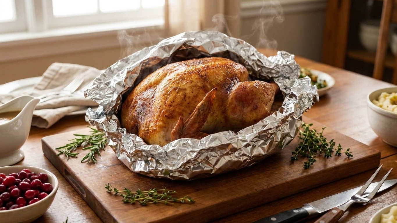 A whole roasted turkey resting on a wooden cutting board tented loosely with foil on a dining table