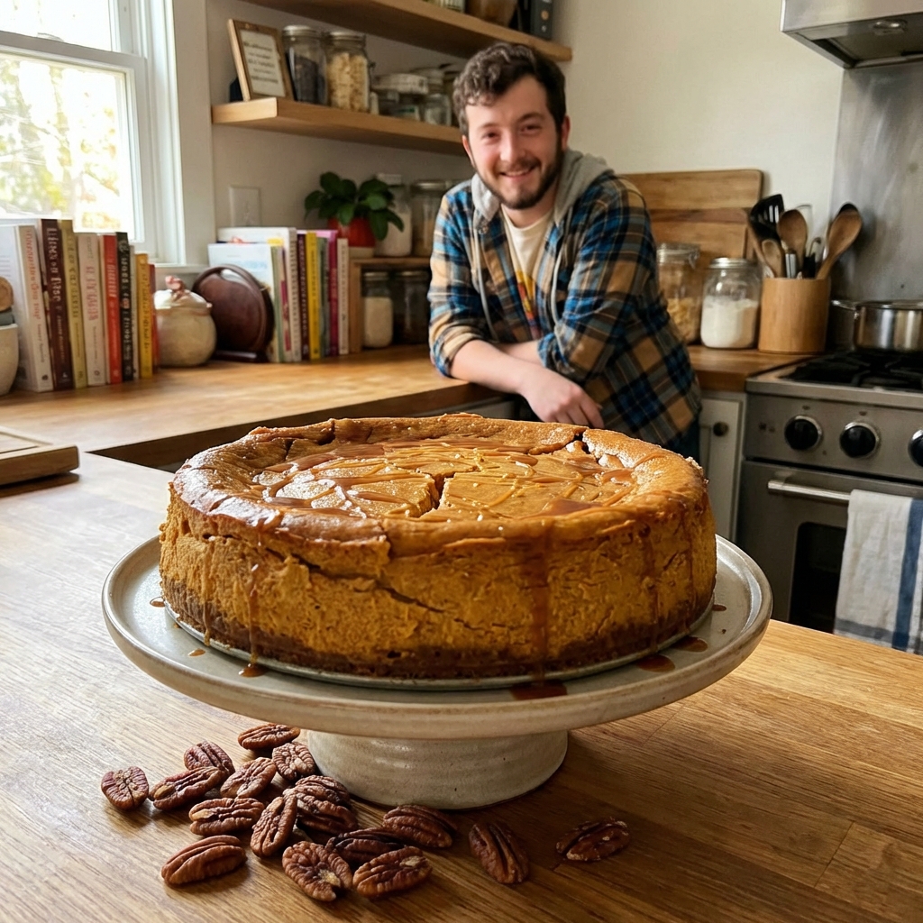 A whole rustic pumpkin cheesecake on a simple cake stand with a few toasted pecans scattered nearby in a cozy kitchen setting