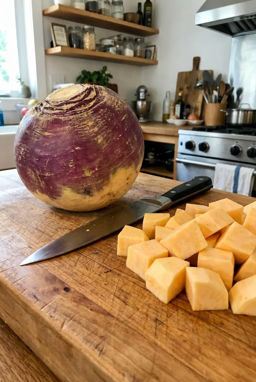 A whole rutabaga on a cutting board next to a knife and peeled rutabaga cubes ready to cook