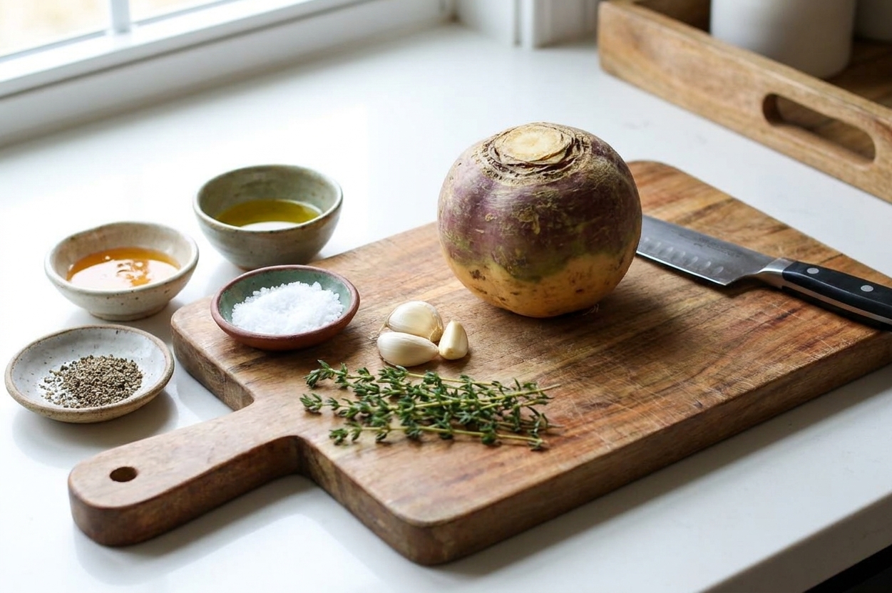 A whole rutabaga with a knife beside it on a wooden cutting board, next to small bowls of honey, olive oil, salt, pepper, garlic, and fresh thyme on a bright kitchen counter