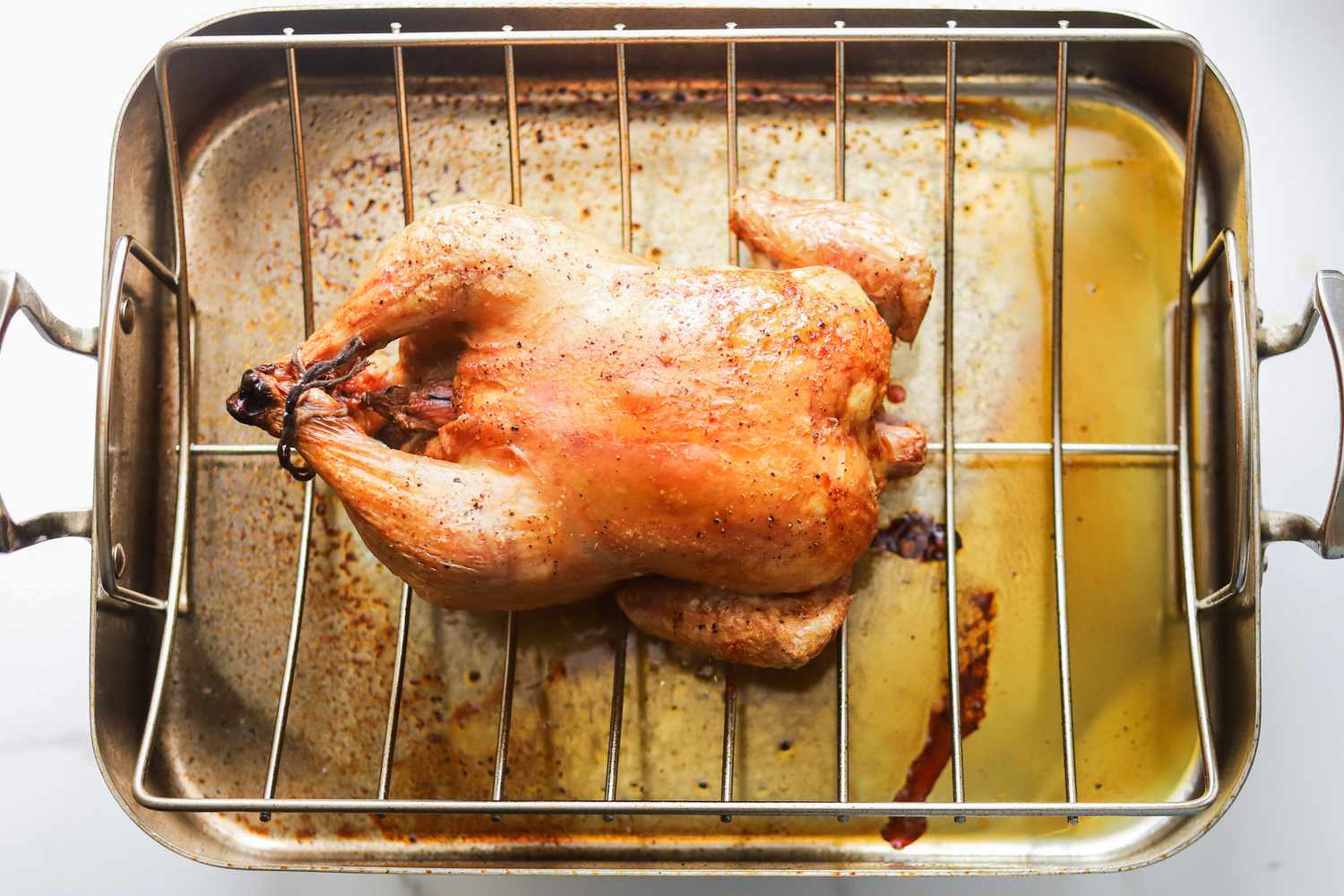A whole seasoned chicken sitting breast-side up on a rack inside a countertop roaster oven with broth and vegetables in the bottom, ready to cook