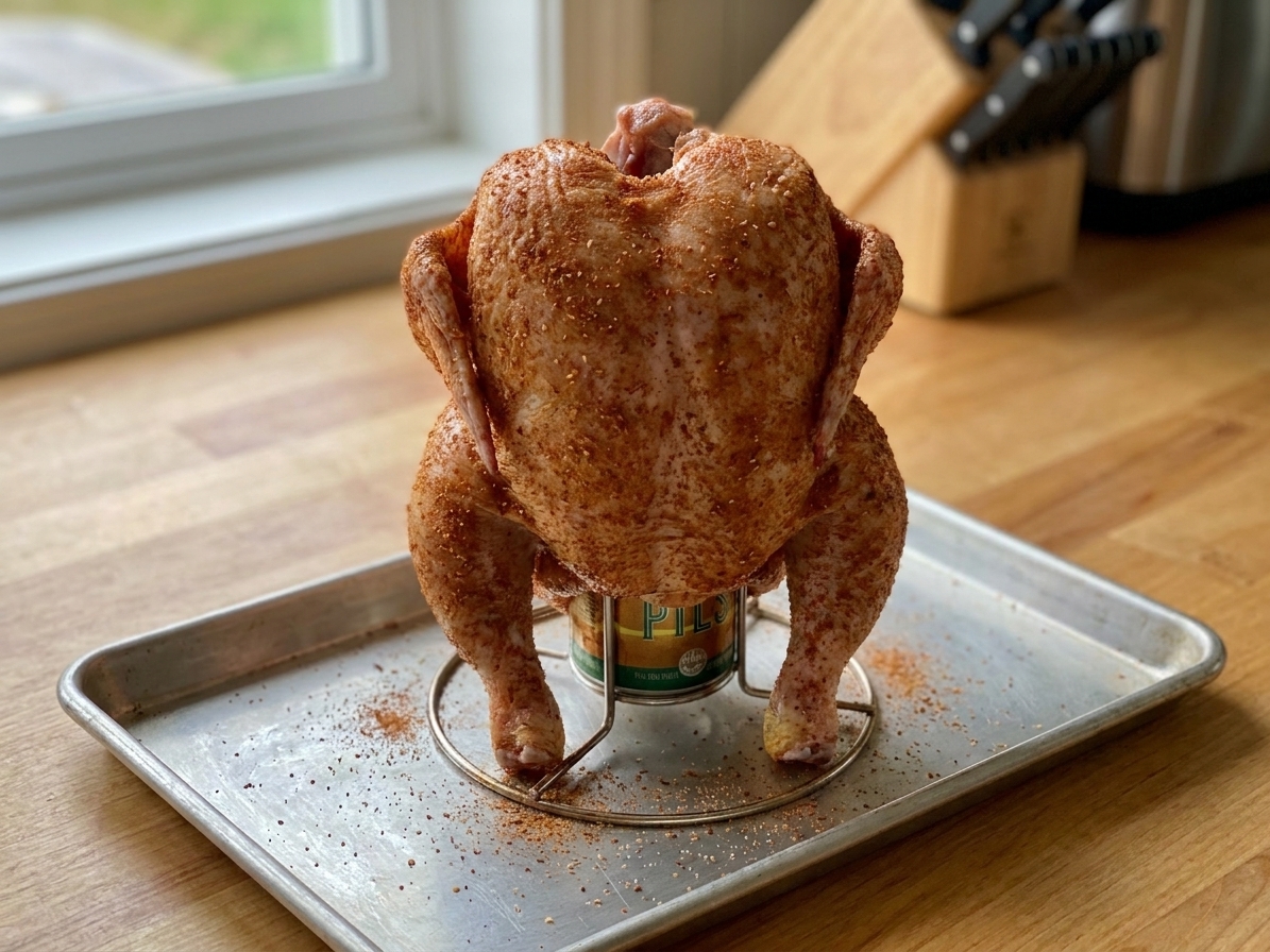 A whole seasoned chicken standing upright on a beer can chicken stand on a sheet pan, legs positioned wide for stability