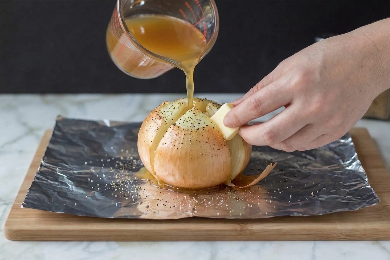 A whole seasoned onion sitting on a sheet of foil with butter cubes tucked into the cuts and broth being poured over the top