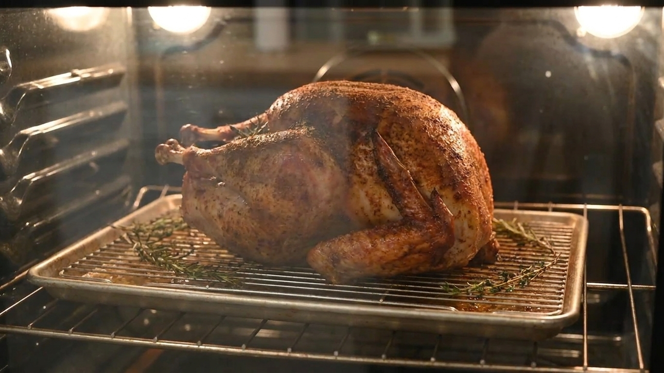 A whole seasoned turkey roasting on a rack inside a home oven with the skin turning golden brown