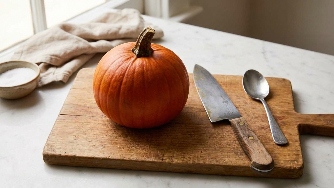 A whole small sugar pumpkin on a wooden cutting board with a chef's knife and a spoon beside it on a cozy kitchen counter