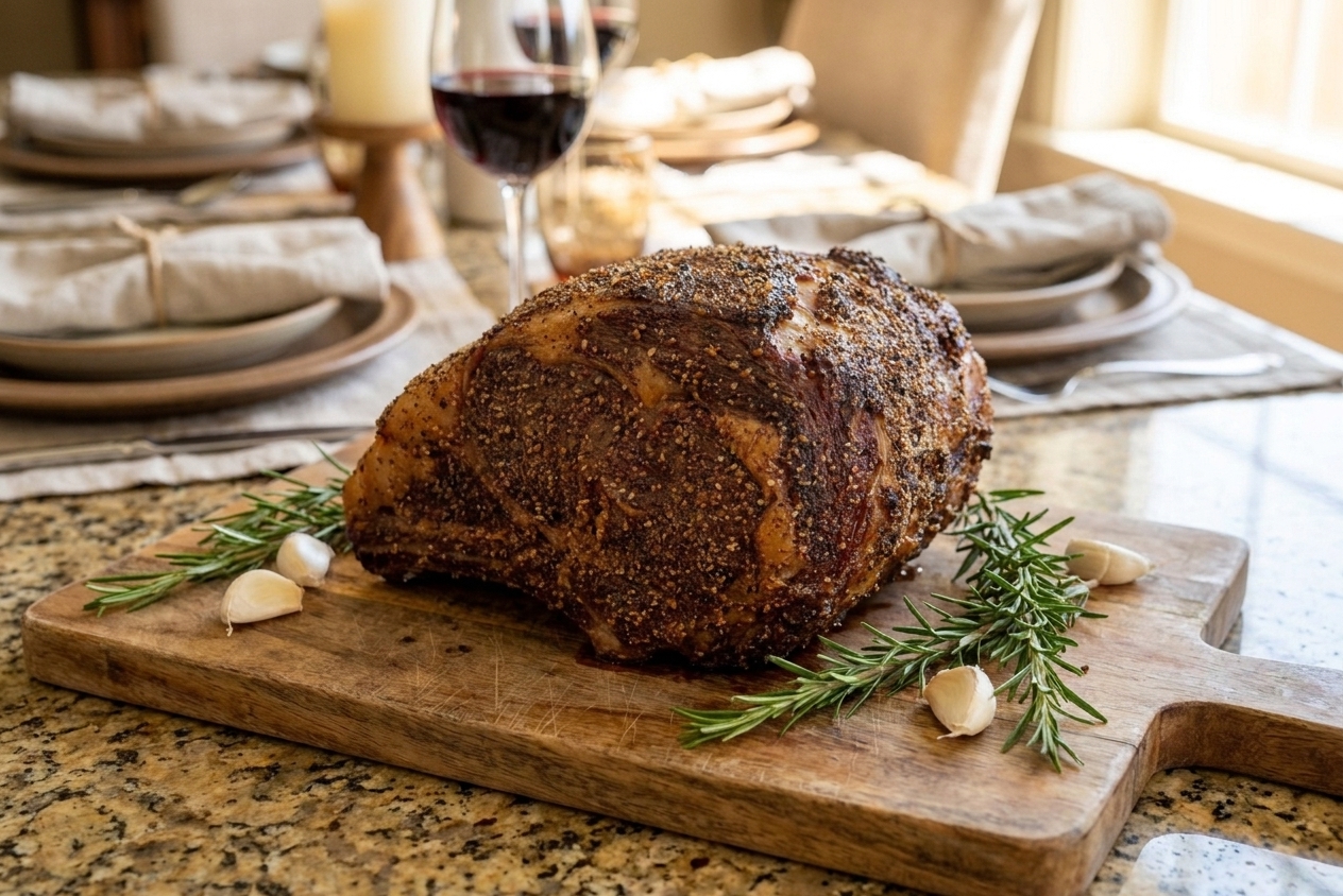 A whole smoked prime rib roast on a wooden cutting board with a deep brown crust, rosemary and garlic nearby, and a cozy table setting