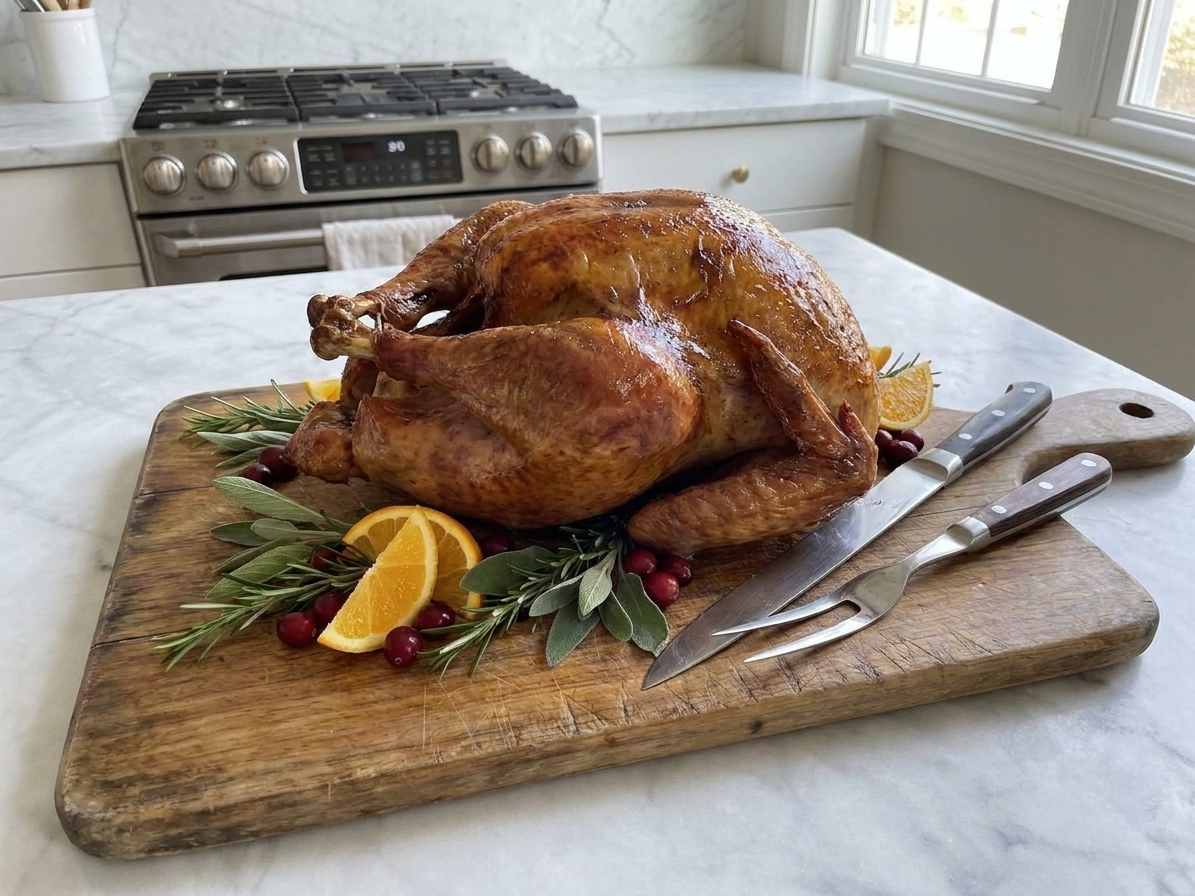 A whole smoked turkey with golden-brown skin resting on a wooden cutting board on a kitchen counter, ready to carve